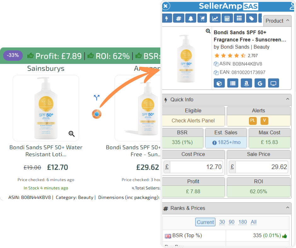 ArbiSource dashboard with integrated SellerAmp analysis showing profit calculations and market data