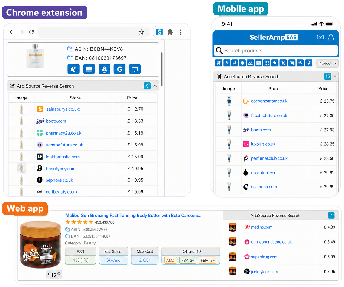 ArbiSource reverse search inside SellerAmp across Chrome, mobile and web