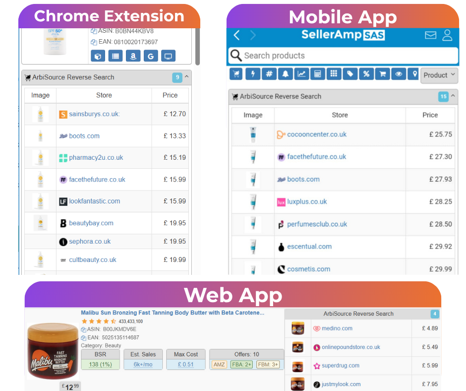 SellerAmp reverse search interface showing product analysis and supplier discovery